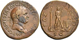 Vespasian, 69 – 79. Sestertius 71, Æ 27.35 g. IMP CAES VESPASIAN AVG P M TR P P P COS III Laureate head r. Rev. PAX – AVGVSTI Pax standing r., setting...