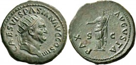 Vespasian, 69 – 79. Dupondius 72-73, Æ 12.95 g. [IMP] CAES VESPASIANVS COS IIII Radiate head r. Rev. PAX – AVGVSTA Pax standing l., holding branch and...