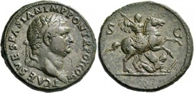 Titus caesar, 69 – 79. Sestertius 72, Æ 24.68 g. T CAES VESPASIAN IMP PON TR POT COS II Laureate head r. Rev. S – C Titus on horseback r., spearing fa...