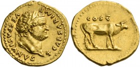 Titus caesar, 69 – 79. Aureus, 76, AV 7.27 g. T CAESAR – IMP VESPASIANVS Laureate head r. Rev. COS V Cow walking r. C 53. BMC Vespasian 187. RIC Vespa...