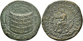 Titus augustus, 79 – 81. Sestertius 80-81, Æ 26.15 g. Aerial view of the Flavian amphitheatre (the Colosseum); on l., Meta Sudans and on r., porticoed...