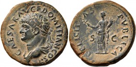 Domitian caesar, 69 – 81. Dupondius 73-74, Æ 12.74 g. CAESAR AVG F DOMITIAN COS II Laureate head l. Rev. FELICIT – AS – PVBLICA S – C Felicitas standi...