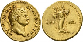 Domitian caesar, 69 – 81. Aureus early 76-early 77, AV 7.30 g. CAESAR AVG F DOMITIANVS Laureate head r. Rev. COS – IIII Cornucopiae tied up with ribbo...