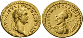 Domitian augustus, 81 – 96. Aureus 82, AV 7.76 g. IMP CAES DOMITIANVS AVG P M Laureate head of Domitian r. Rev. TR POT IMP II COS DES VIIII P P Helmet...