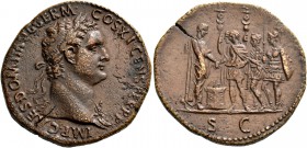 Domitian augustus, 81 – 96. Sestertius 85, Æ 23.90 g. IMP CAES DOMIT AVG GERM – COS XI CENS PER P P Laureate head r., wearing aegis. Rev. Domitian sta...