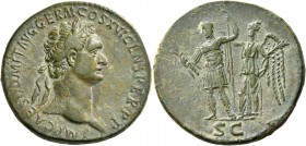 Domitian augustus, 81 – 96. Sestertius circa 92-94, Æ 24.29 g. IMP CAES DOMIT AVG GERM COS XVI CENS PERP P Laureate head r. Rev. Domitian standing l.,...