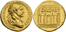 Trajan, 98 – 117. Aureus 112-114, AV 7.22 g. IMP TRAIANO AVG GER DAC P M TR P COS VI P P Laureate, draped and cuirassed bust r. Rev. Façade of Trajan’...