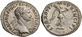 Trajan, 98 – 117. Quinarius beginning 112-Summer 114, AR 1.34 g. IMP TRAIANO AVG GER DAC P M TR P COS VI PP Laureate bust r., wearing drapery on l. sh...