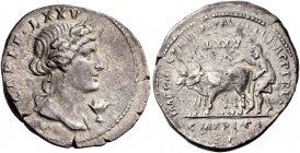 Trajan, 98 – 117. Restored issue of C. Marius C.f. Capito. Denarius circa 112-113, AR 3.01 g. CAPIT T(upside down)XXV Head of Ceres r., wearing barley...