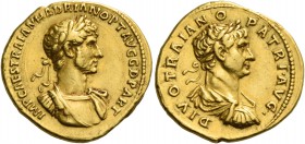 Hadrian augustus, 117 – 134. Aureus 117-118, AV 7.12 g. IMP CAES TRAIAN HADRIAN OPT AVG G D PART Laureate and cuirassed bust of Hadrian r. Rev. DIVO T...