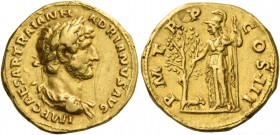 Hadrian augustus, 117 – 134. Aureus 119-122, AV 7.29 g. IMP CAESAR TRAIAN H – ADRIANVS AVG Laureate and draped bust r. Rev. P M TR P – COS III Minerva...