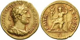 Aureus 119-122,  AV 7.45 g.  IMP CAESAR TRAIAN – HADRIANVS AVG  Laureate, draped and cuirassed bust r.  Rev. P M TR – P COS III  Roma helmeted seated ...