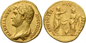 Hadrian augustus, 117 – 134. Aureus 134-138, AV 6.80 g. HADRIANVS – AVG COS III P P Bare-headed and draped bust l. Rev. ADVEN – TVI AVG – AFRICAE Hadr...