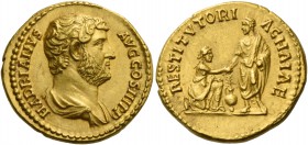 Hadrian augustus, 117 – 134. Aureus 136, AV 7.37 g. HADRIANVS – AVG COS III P P Bare-headed and draped bust r. Rev. RESTITVTORI – ACHAIAE Hadrian, tog...