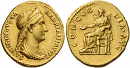 Sabina, wife of Hadrian. Aureus 129, AV 7.45 g. SABINA AVGVSTA – HADRIANI AVG P P Draped bust r., hair in stephane and in long tail at back. Rev. CONC...