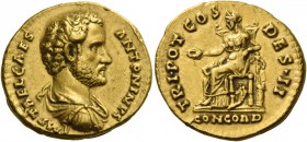 Antoninus Pius caesar, 138. Aureus 138, AV 7.19 g. IMP T AEL CAES – ANTONINVS Bare-headed, draped and cuirassed bust r. Rev. TRIB POT COS – DES·II Con...