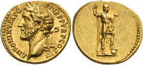 Antoninus Pius augustus, 138 – 161. Aureus circa 140-143, AV 7.16 g. ANTONINVS AVG – PIVS P P TR P COS III Laureate head l. Rev. The Emperor, in milit...