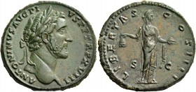Antoninus Pius augustus, 138 – 161. Sestertius 154-155, Æ 28.52 g. ANTONINVS AVG PI – VS P P TR P XVIII Laureate head r. Rev. LIBERTAS – COS IIII Libe...