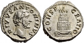 Antoninus Pius augustus, 138 – 161. Divus Antoninus Pius. Denarius after 161, AR 3.41 g. DIVVS ANTONINVS Bare head r. Rev. CONSE – CRATIO Funeral pyre...