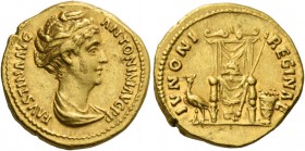 Faustina I, wife of Antoninus Pius. Aureus 138-139, AV 7.36 g. FAVSTINA AVG – ANTONINI AVG P P Draped bust r., hair coiled on top of head. Rev. IVNONI...
