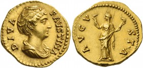 Faustina I, wife of Antoninus Pius. Diva Faustina I. Aureus after 141, AV 7.08 g. DIVA – FAVSTINA Draped bust r., her hair bound with pearls and piled...