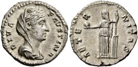 Faustina I, wife of Antoninus Pius. Diva Faustina. Denarius after 141, AR 3.92 g. DIVA – FAVSTINA Draped and veiled bust r., hair waved and coiled on ...