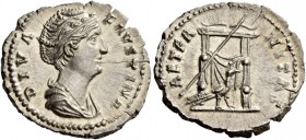 Faustina I, wife of Antoninus Pius. Diva Faustina. Denarius after 141, AR 3.45 g. DIVA – FAVSTINA Draped bust r., hair waved and coiled on top of head...