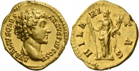 Marcus Aurelius caesar, 139 – 161. Aureus 145-147, AV 7.06 g. AVRELIVS CAES –AR AVG PII F COS II Bare-headed and draped bust r. Rev. HILA – RI – TAS H...
