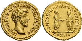Marcus Aurelius augustus, 161 – 180. Aureus 161, AV 7.26 g. IMP CAES M AVREL ANTONINVS AVG Laureate head r. Rev. CONCORDIAE AVGVSTOR TR P XV Marcus Au...