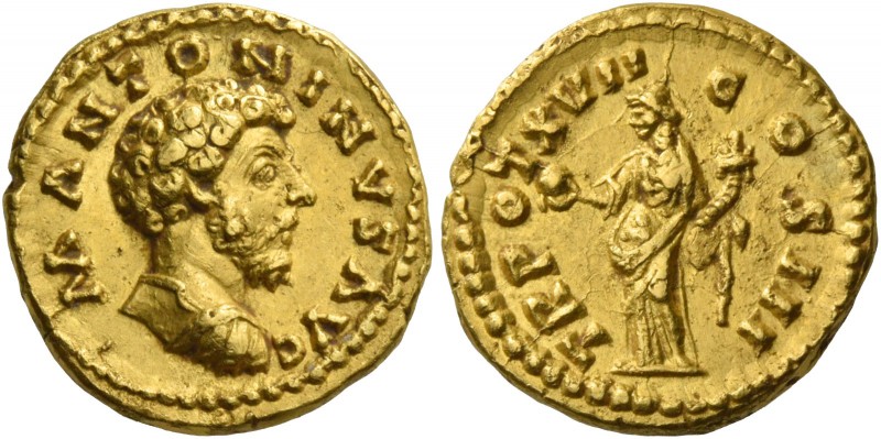 Marcus Aurelius augustus, 161 – 180. Quinarius 162-163, AV 3.66 g. M ANTONINVS A...