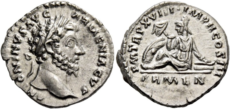 Marcus Aurelius augustus, 161 – 180. Denarius 163-164, AR 3.58 g. ANT – ONINVS A...