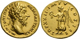 Marcus Aurelius augustus, 161 – 180. Aureus 168, AV 7.40 g. M ANTONINVS AVG ARM – PARTH MAX Laureate head r. Rev. TR P XXII IM P V – COS III Victory a...