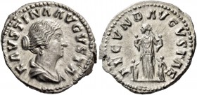 Faustina II, daughter of Antoninus Pius and wife of Marcus Aurelius. Denarius circa 161-176, AR 3.55 g. FAVSTINA AVGVSTA Draped bust r., hair waved an...