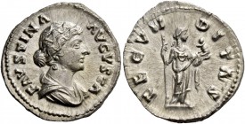 Faustina II, daughter of Antoninus Pius and wife of Marcus Aurelius. Denarius 161-176, AR 3.31 g. FAVSTINA – AVGVSTA Draped bust r., hair waved and co...