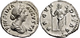Faustina II, daughter of Antoninus Pius and wife of Marcus Aurelius. Denarius 161-176, AR 3.48 g. FAVSTINA – AVGVSTA Draped bust r., hair waved and co...