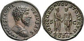 Lucius Verus, 161 – 169. Sestertius 161-162, Æ 23.61 g. IMP CAES L AVREL – VERVS AVG Bareheaded and cuirassed bust r. Rev. CONCORD AVGV – STOR TR P II...