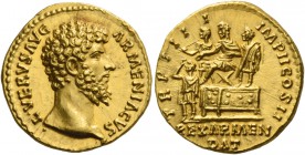 Lucius Verus, 161 – 169. Aureus 163-164, AV 7.28 g. L VERVS AVG – ARMENIACVS Bare head r. Rev. TR P III – I – IMP II COS II L. Verus seated l. on plat...