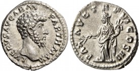 Lucius Verus, 161 – 169. Denarius 165-166, AR 3.55 g. L VERVS AVG ARM – PARTH MAX Laureate head r. Rev. PAX AVG TR P VI COS II Pax standing l., holdin...