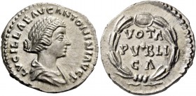Lucilla, daughter of Marcus Aurelius and wife of Lucius Verus. Denarius 164-169 or later, 183?, AR 3.45 g. LVCILLAE AVG ANTONINI AVG F Draped bust r.,...