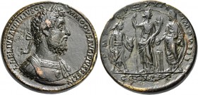 Commodus augustus, 177 – 192. Medallion 192, Æ 74.11 g. Laureate, draped and cuirassed bust r. Rev. Commodus, holding patera over tripod in r. hand an...
