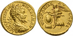Septimius Severus, 193 – 211. Aureus 198-200, AV 7.39 g. L SEPT SEV AVG IMP – XI PART MAX Laureate, draped and cuirassed bust r. Rev. VICTORIAE AVG – ...