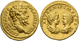 Septimius Severus, 193 – 211. Aureus 201, AV 7.36 g. SEVERVS PIVS – AVG P M TR P VIIII Laureate head of Septimius Severus r. Rev. AETERNIT IMPERI Conf...