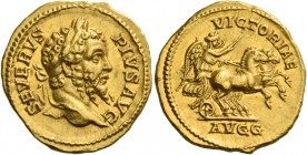 Septimius Severus, 193 – 211. Aureus 202-210, AV 7.31 g. SEVERVS – PIVS AVG Laureate head r. Rev. VICTORIAE Victory, holding whip, in prancing quadrig...