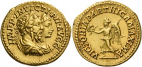 Septimius Severus, 193 – 211. Aureus 202-210, AV 7.24 g. IMPP INVICTI PII AVGG Conjoined laureate, draped and cuirassed busts of S. Severus and Caraca...