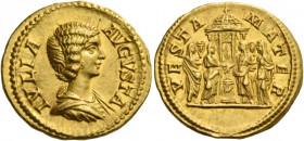 Julia Domna, wife of Septimius Severus. Aureus 196-211, AV 7.15 g. IVLIA – AVGVSTA Draped bust r. Rev. VESTA – MATER Six Vestals sacrificing over alta...