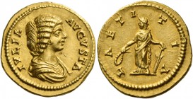 Julia Domna, wife of Septimius Severus. Aureus, Laodicea ad Mare 196-211, AV 7.10 g. IVLIA – AVGVSTA draped bust r. Rev. L – AETI – TIA Laetitia stand...