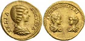 Julia Domna, wife of Septimius Severus. Aureus 201, AV 7.18 g. IVLIA – AVGVSTA Draped bust r. Rev. AETERNIT IMPERI Confronted busts of Caracalla laure...