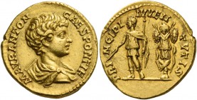 Caracalla caesar, 195 – 198. Aureus 195-198, AV 7.46 g. M AVR ANTON – CAES PONTIF Bareheaded, draped and cuirassed bust r. Rev. PR – INCI – PI IVV – E...