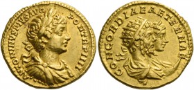 Caracalla augustus, 198 – 217. Aureus circa 201, AV 7.10 g. ANTONINVS PIVS AVG PON TR P IIII Laureate, draped and cuirassed bust of Caracalla r. Rev. ...