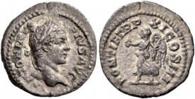 Caracalla augustus, 198 – 217. Quinarius 208, AR 1.40 g. ANTONINVS – PIVS AVG Laureate head r. Rev. PONTIF TR P – XI COS III Victory standing l., hold...